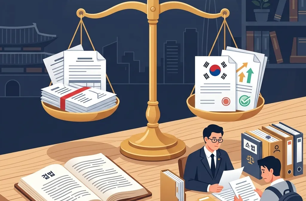 개인파산신청자격 및 절차를 나타내는 법률 저울과 서류 일러스트, 주제 일러스트