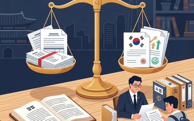 개인파산신청자격 및 절차를 나타내는 법률 저울과 서류 일러스트