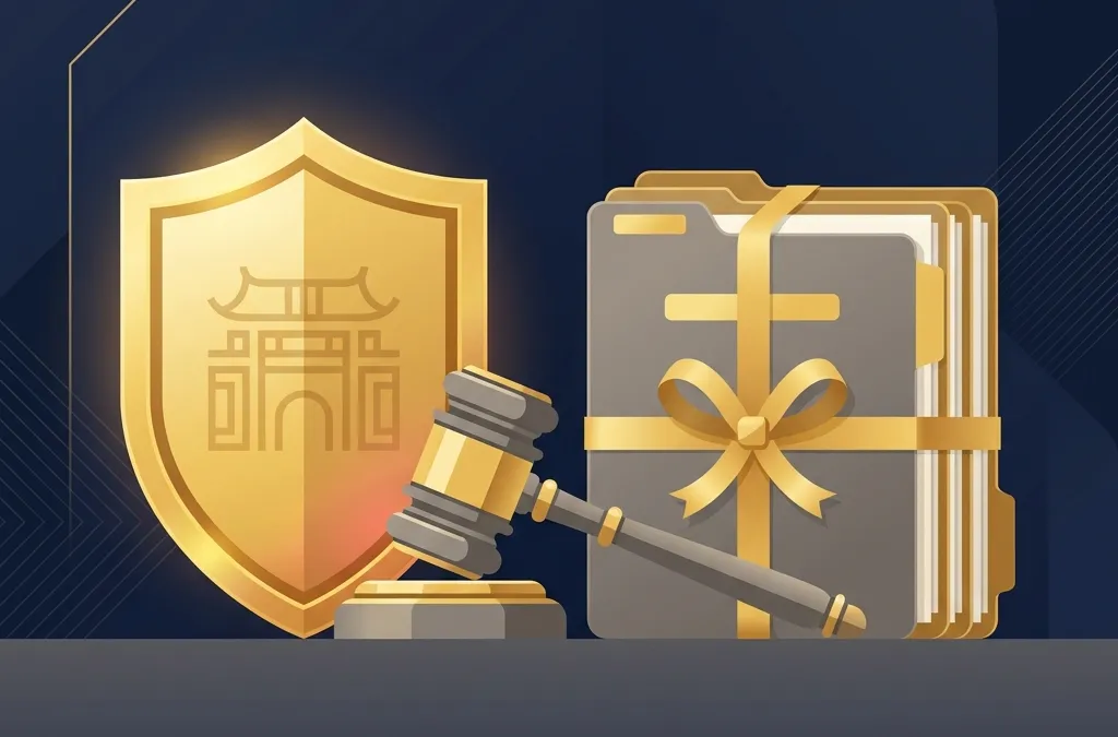 상간 소송 피소 시 법적 방어를 상징하는 방패와 가벨 일러스트, 주제 일러스트