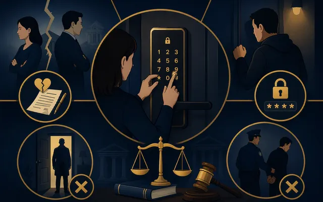 이혼소송 중 배우자가 비밀번호를 바꿔 주거침입죄가 성립하는 상황을 묘사한 법률 일러스트