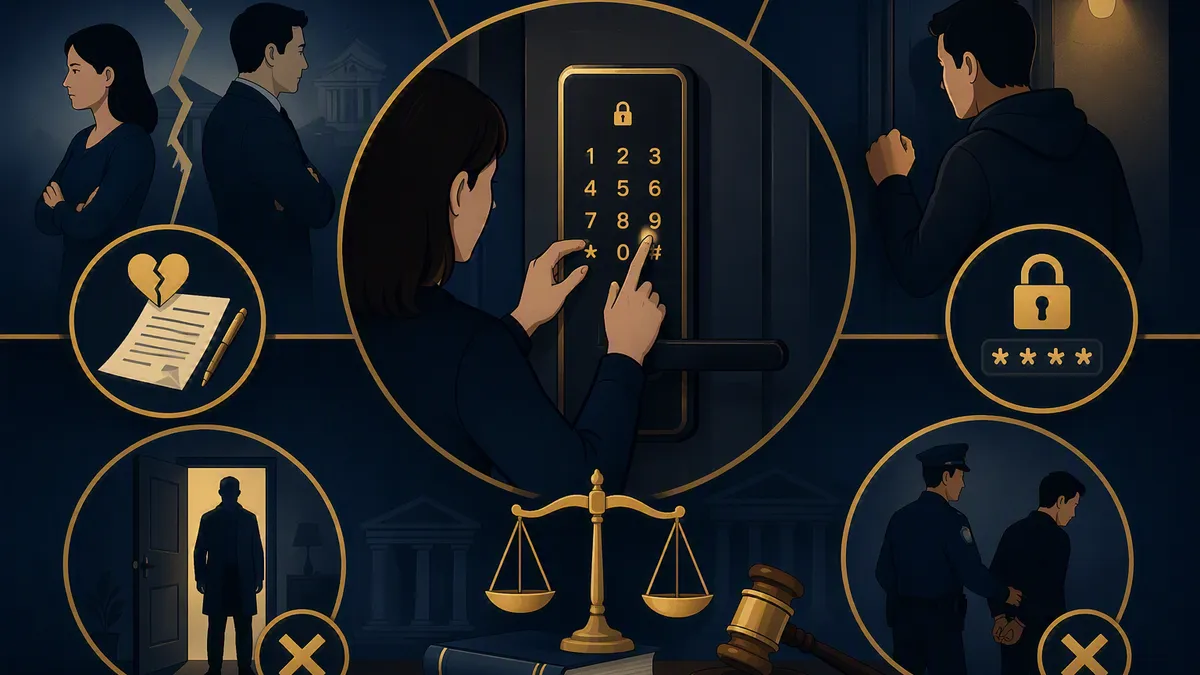 이혼소송 중 배우자가 비밀번호를 바꿔 주거침입죄가 성립하는 상황을 묘사한 법률 일러스트, 주제 일러스트
