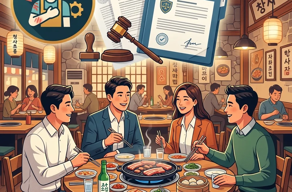 공식 회사 회식 중 다쳤을 때 정식 산재 신청 가능 여부와 인정 요건, 주제 일러스트