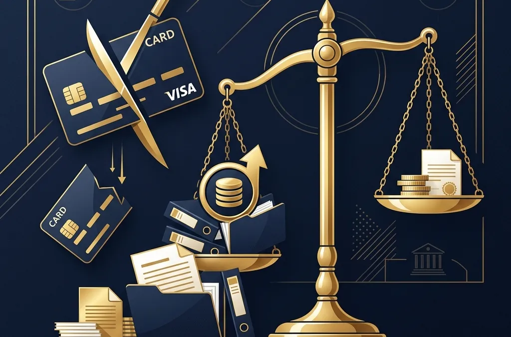 개인회생 중 추가 대출 리스크를 상징하는 신용카드와 저울 일러스트, 주제 일러스트