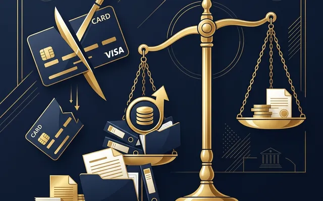 개인회생 중 추가 대출 리스크를 상징하는 신용카드와 저울 일러스트
