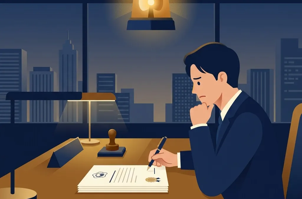 개인회생 중 보증 채무 리스크를 상징하는 경고등과 계약 서류 일러스트, 주제 일러스트
